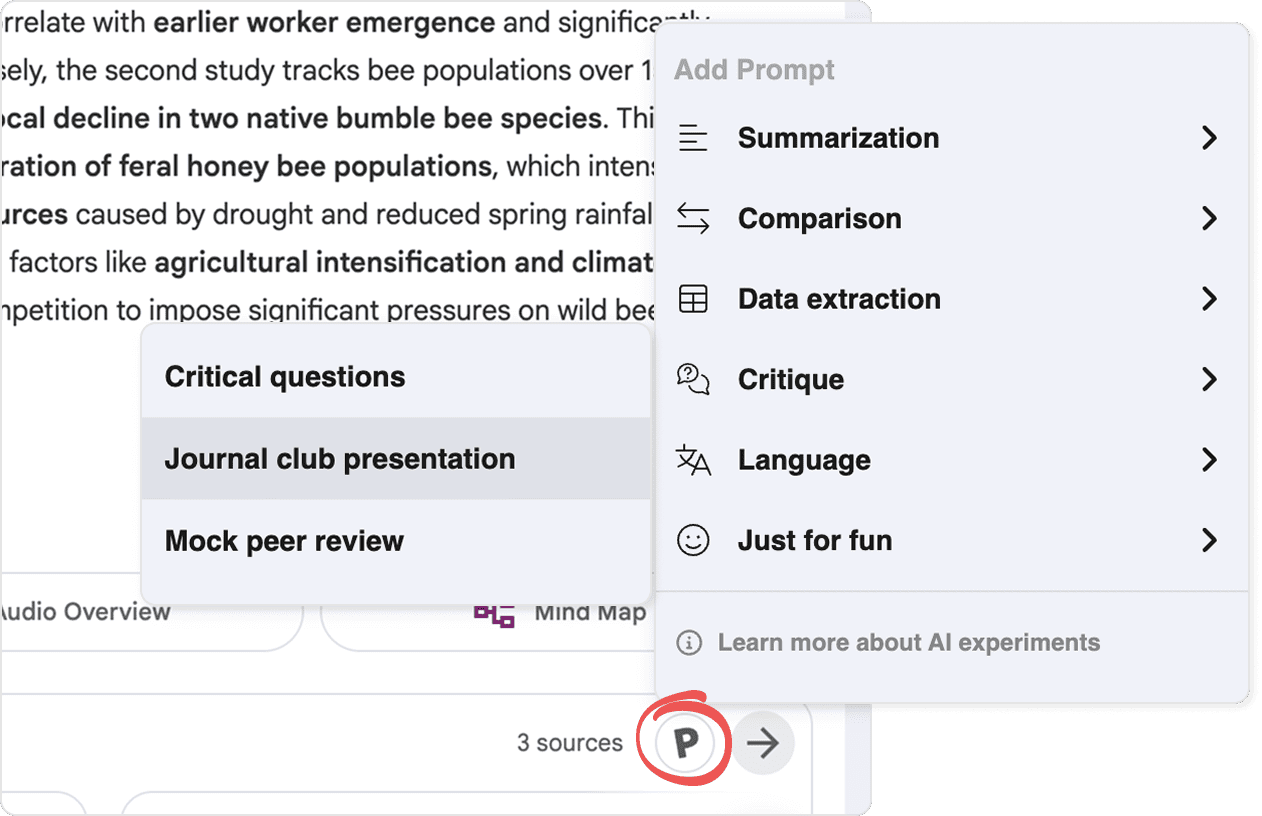 NotebookLM with the circled Paperpile button opening an “Add Prompt” menu — Summarization, Comparison, Data extraction, Critique, Language and Just for fun — with a submenu of Critical questions, Journal club presentation and Mock peer review.